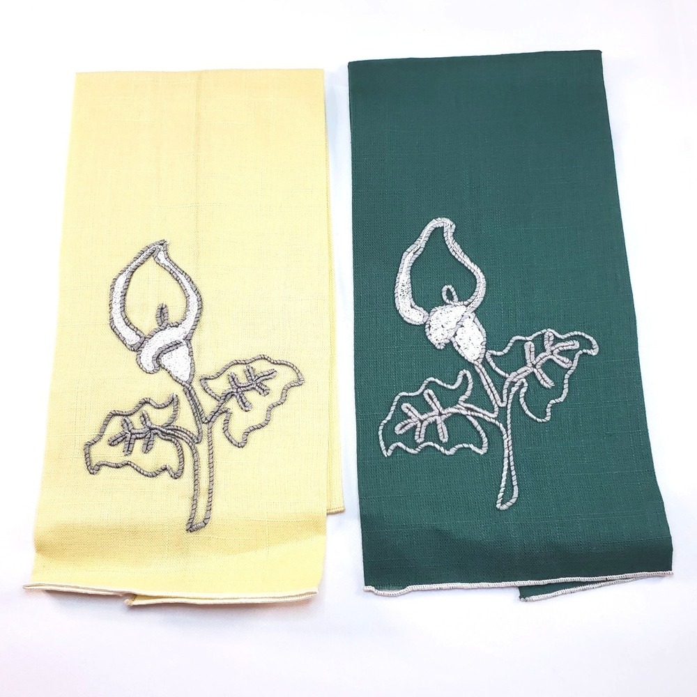 Vintage Calla lily flower Linen Embroidered Tea Towels Yellow & Green Set Of 2